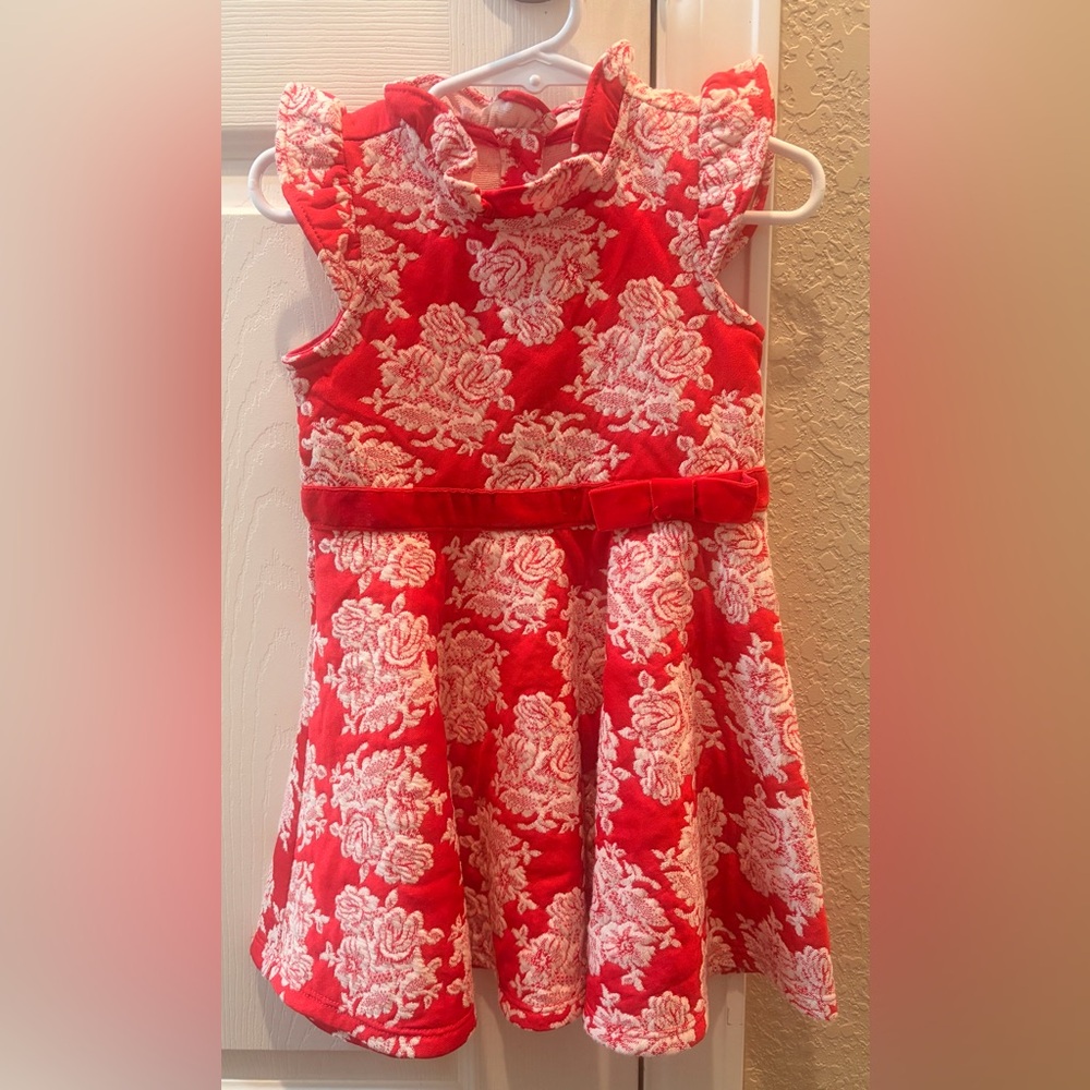 Janie and Jack Red and White Floral Fit-and-Flare Dress with Bow Waist
